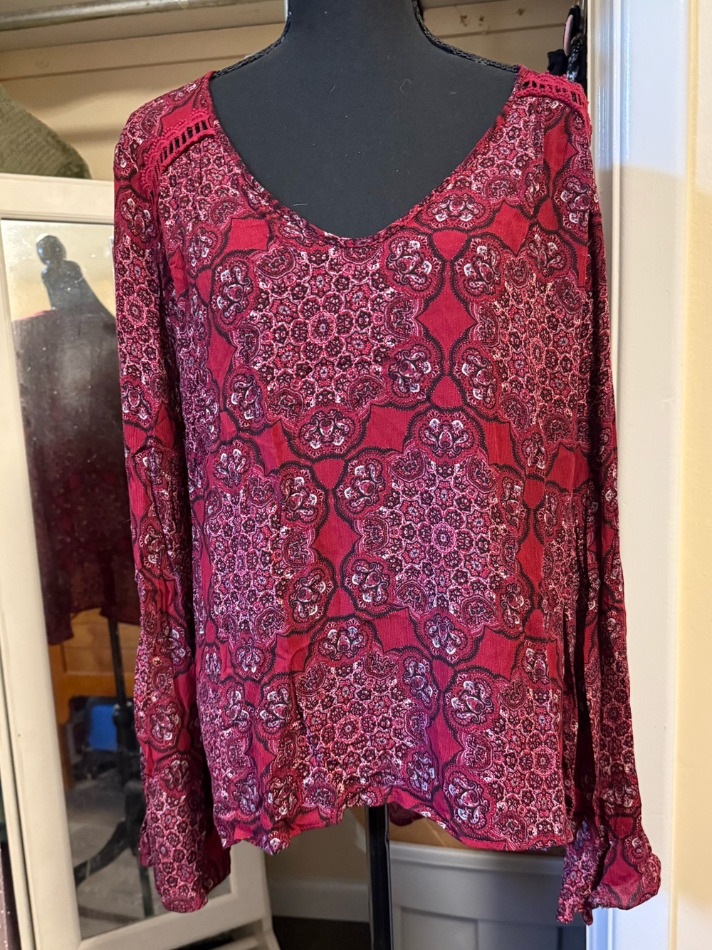 Charlotte Russe Red Paisley Long Sleeve Top